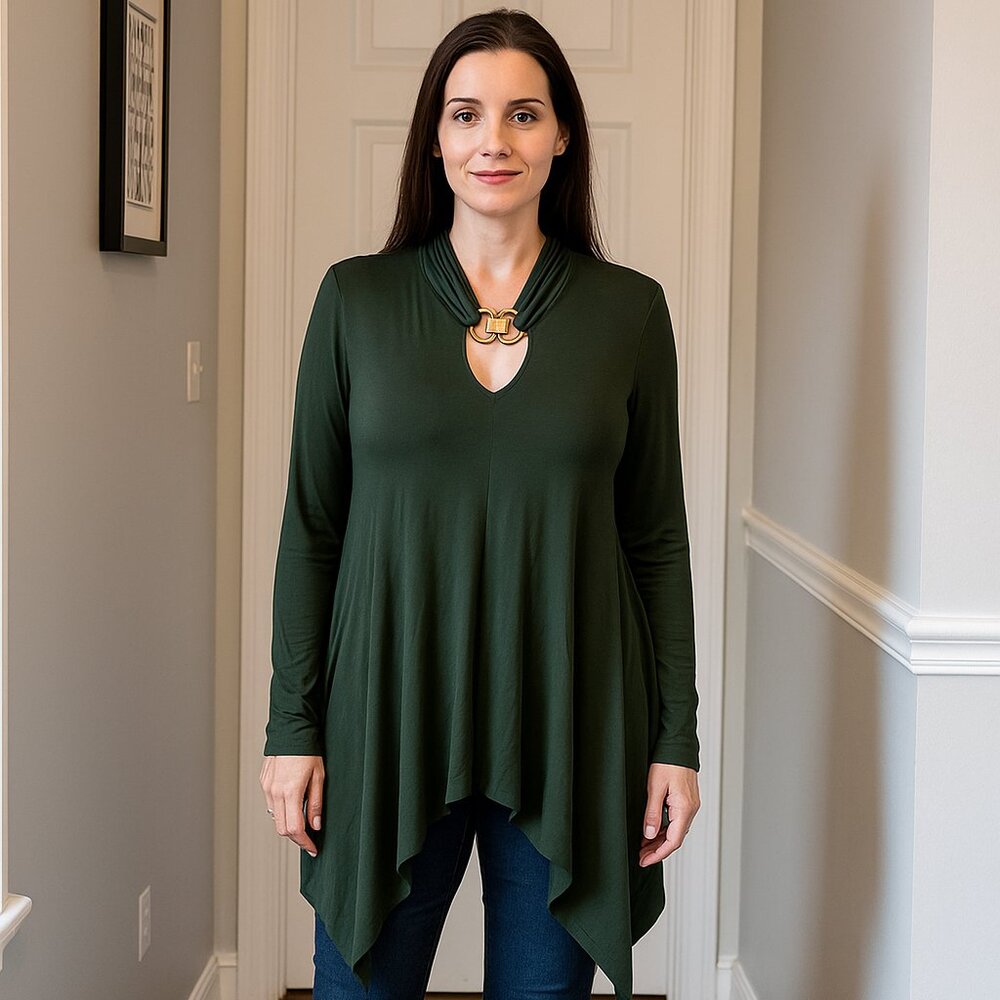 Carmen Marc Valvo Olive Stretch Top‎ Gold Bling Neck XL Asymmetrical Long Sleeve